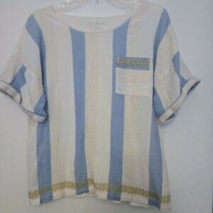 Chico's white cotton S/S top with blue stripes and gold embroidery Size‎ 2/L